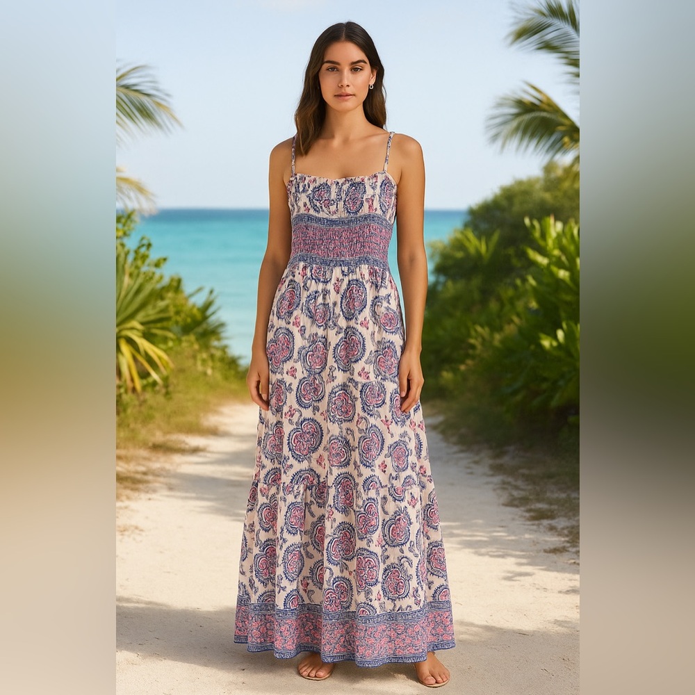 RARE Bell by Alicia Bell Smocked Maxi Dress, Cotton/Silk, S, MSRP $490